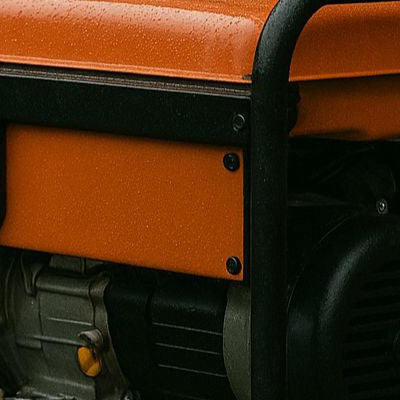Portable generator partially submerged in floodwater during heavy rain outside a brick house