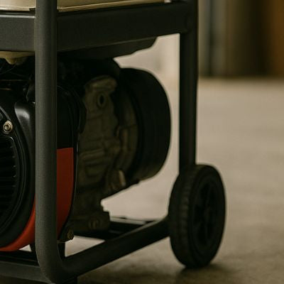 Portable generator leaking fuel on concrete floor in workshop setting