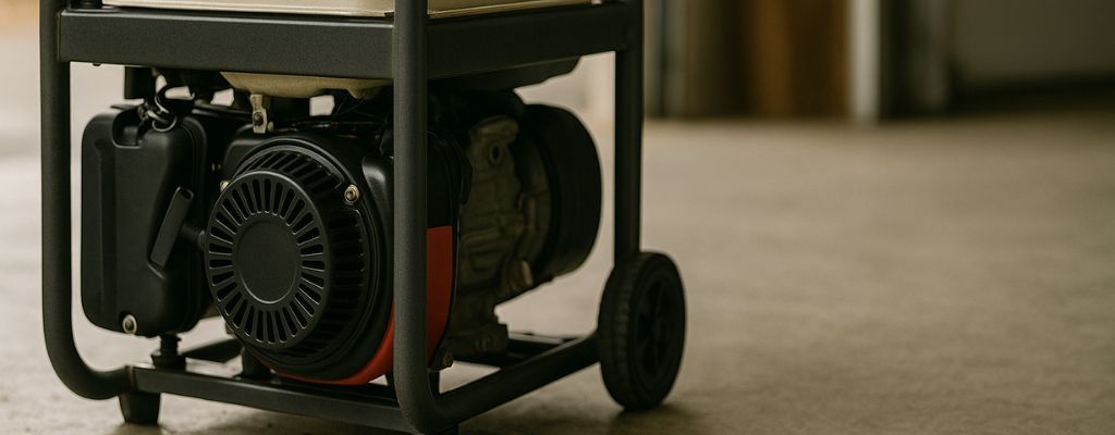 Portable generator leaking fuel on concrete floor in workshop setting