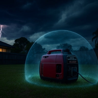 Portable inverter generator in Aussie backyard with lightning protection dome