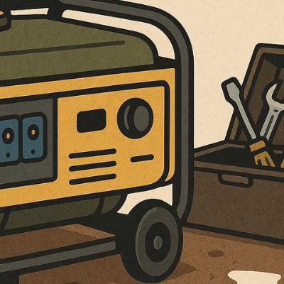 Generator with tools and fuel container on dry ground