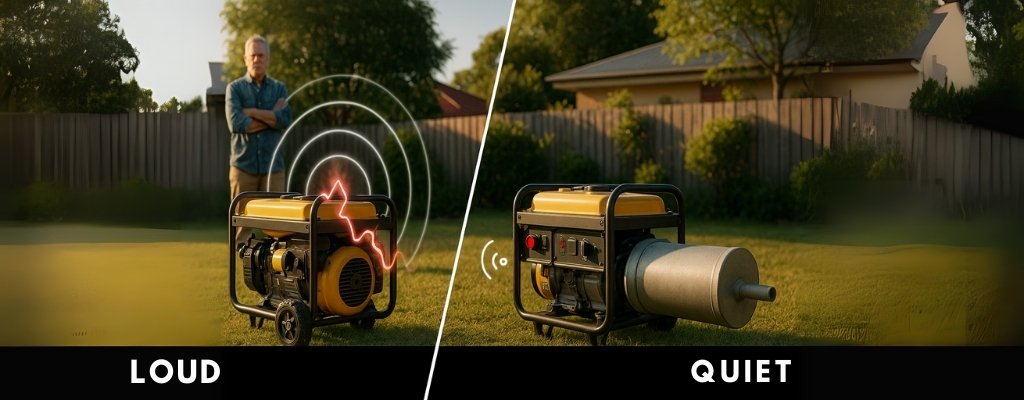 Split screen portable generator with loud noise vs quiet muffler outcome