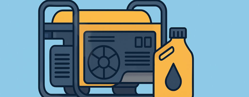 Illustration of a portable generator with an oil container, representing generator oil maintenance and care