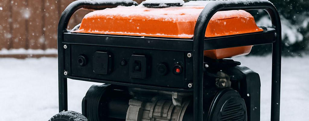 Portable generator with orange fuel tank outdoors in snowy winter setting.