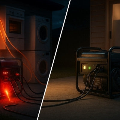 Split screen showing overloaded small generator versus efficient larger generator during blackout