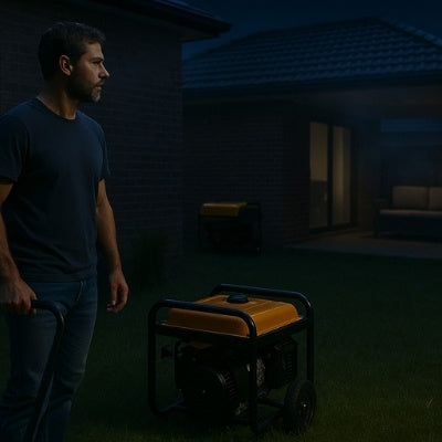 Australian man deciding safe generator placement in backyard at night