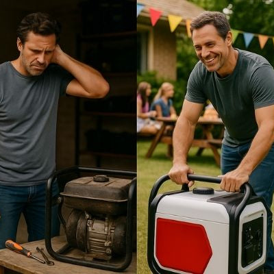 Split image of Aussie man comparing rented and owned generators in suburban and backyard settings