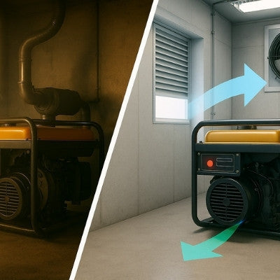 Split-screen image shows generator in cramped room vs ventilated room