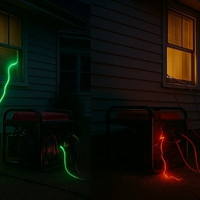 Split-screen showing safe generator transfer switch vs unsafe extension cords connection during