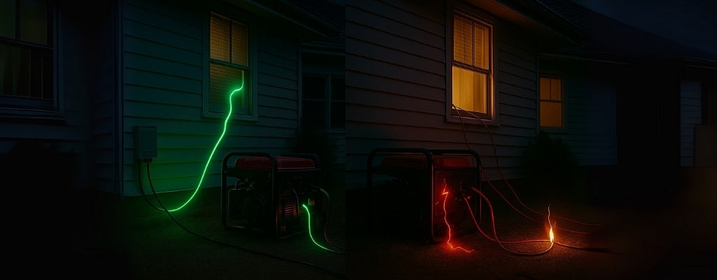 Split-screen showing safe generator transfer switch vs unsafe extension cords connection during