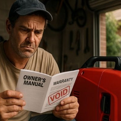 Rugged Australian man reading generator warranty with void stamp