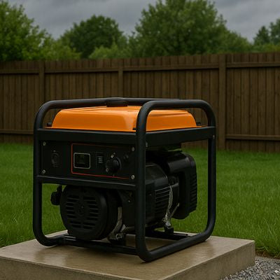 Portable generator on a raised platform in a suburban backyard with drainage setup