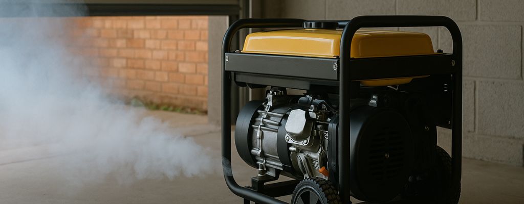 Gasoline generator running inside a garage with exhaust fumes visible, highlighting indoor safety risks