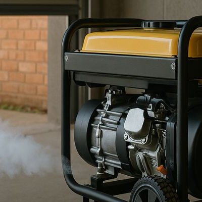 Gasoline generator running inside a garage with exhaust fumes visible, highlighting indoor safety risks