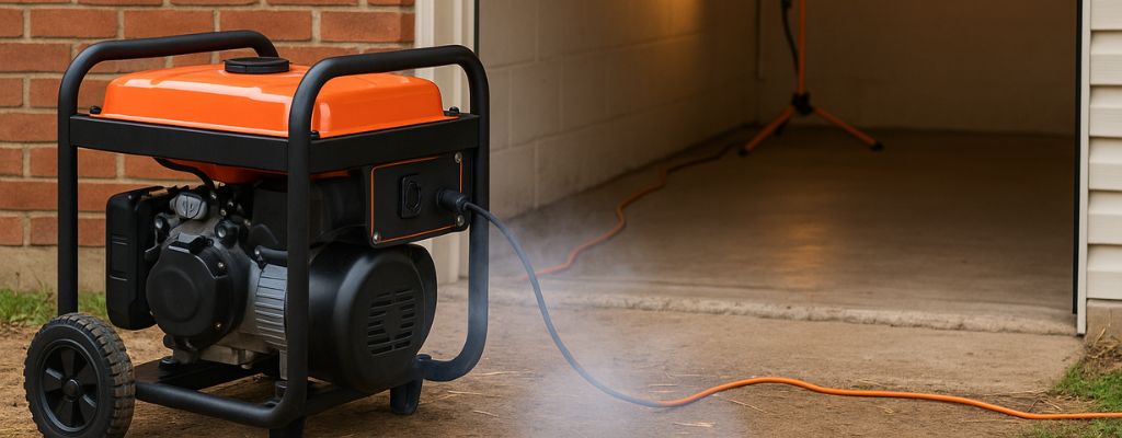 Portable generator running outside a detached garage with an open door and extension cord powering a light inside