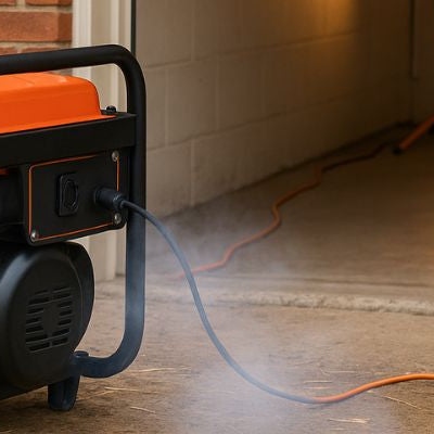 Portable generator running outside a detached garage with an open door and extension cord powering a light inside
