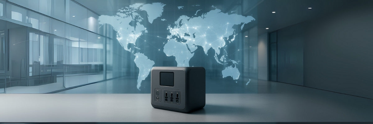Sleek portable power station in global corporate office setting
