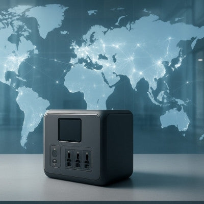 Sleek portable power station in global corporate office setting