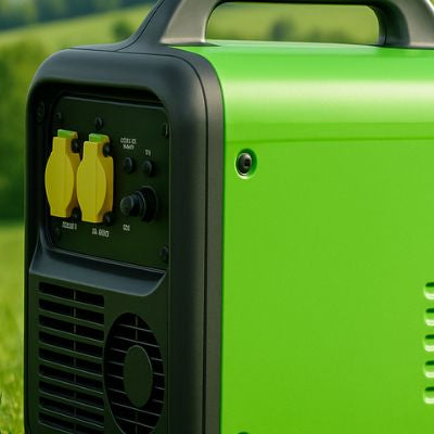 Green portable generator on grassy field with scenic hills in the background