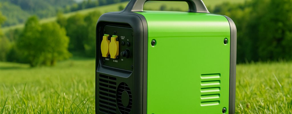 Green portable generator on grassy field with scenic hills in the background