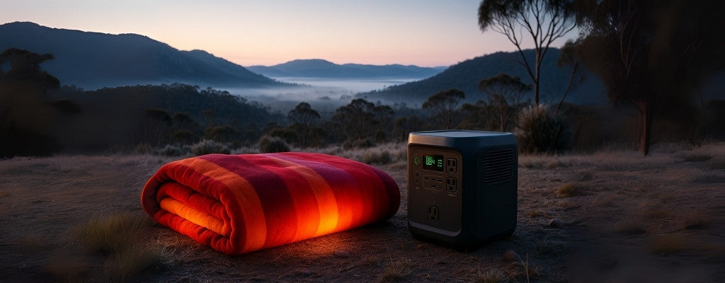 Heated blanket and portable power station in Australian winter landscape