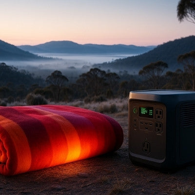Heated blanket and portable power station in Australian winter landscape