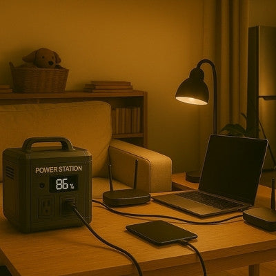 Portable power station powering home devices during blackout