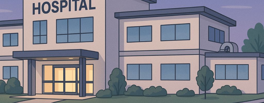 Modern hospital building exterior at twilight with clean architecture and greenery