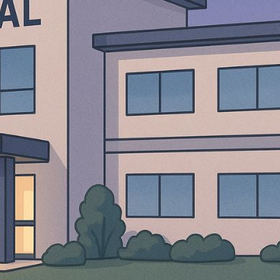 Modern hospital building exterior at twilight with clean architecture and greenery