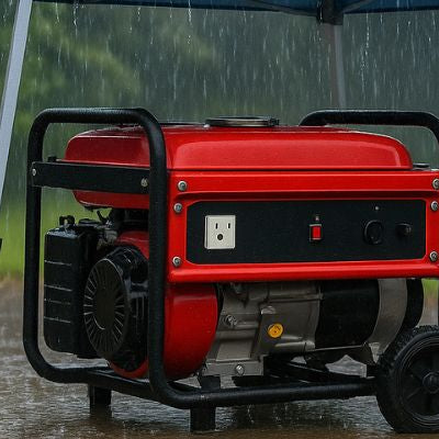 Digital illustration of a generator under a waterproof canopy during rain.