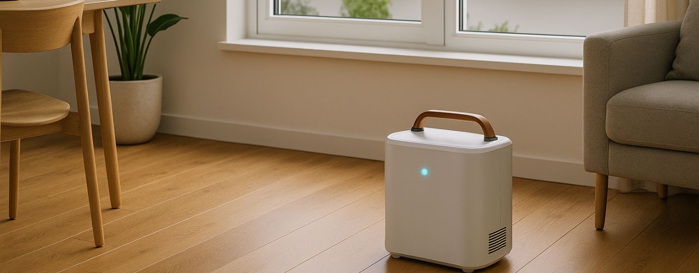 Modern home interior with an indoor battery generator near a window and rooftop solar panels outside