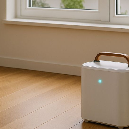 Modern home interior with an indoor battery generator near a window and rooftop solar panels outside