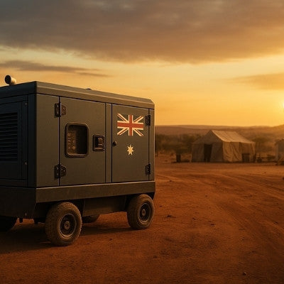 Industrial generator on Australian outback worksite with rugged flag design