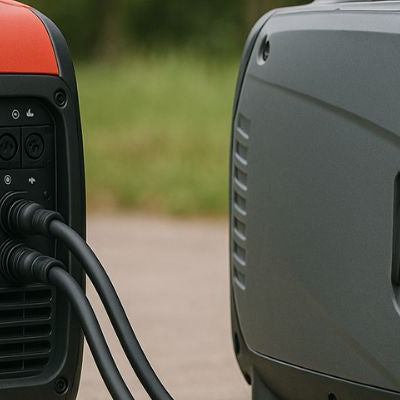 Two inverter generators connected with parallel cables outdoors on concrete with greenery in the background