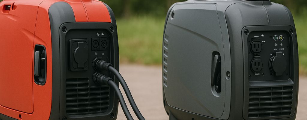 Two inverter generators connected with parallel cables outdoors on concrete with greenery in the background