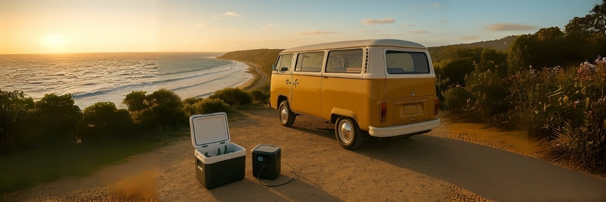 Portable power station powering a camping fridge beside a van overlooking the beach at sunset