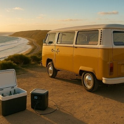 Portable power station powering a camping fridge beside a van overlooking the beach at sunset