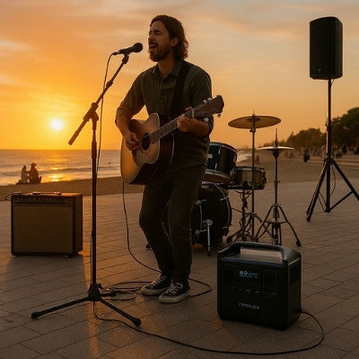 Live outdoor music performance powered by portable power station at sunset