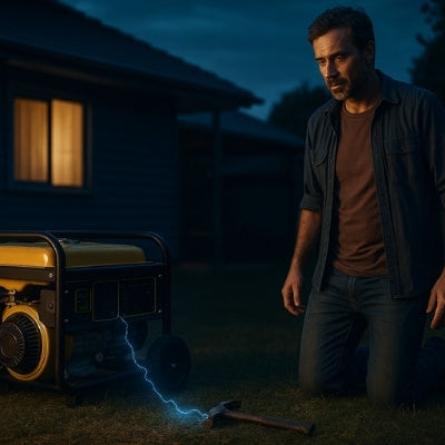 Man checks ungrounded generator with blue arc danger backyard