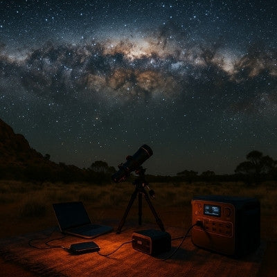 Portable power station powering telescope and laptop during stargazing in outback