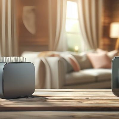 A sleek portable power station on a wooden table in a cozy living room, displaying an 800W charge level, symbolizing reliable home backup power solutions