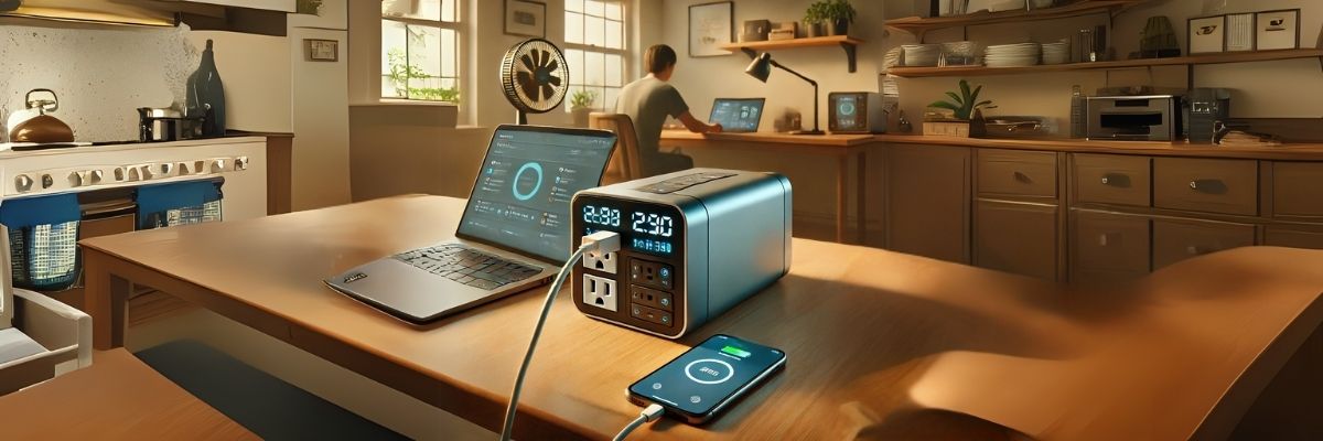 Modern portable power station performing pass-through charging in a home office setting