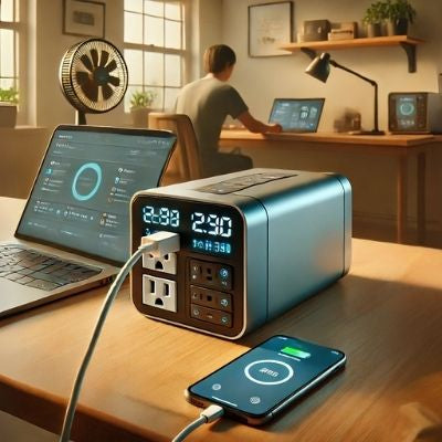 Modern portable power station performing pass-through charging in a home office setting