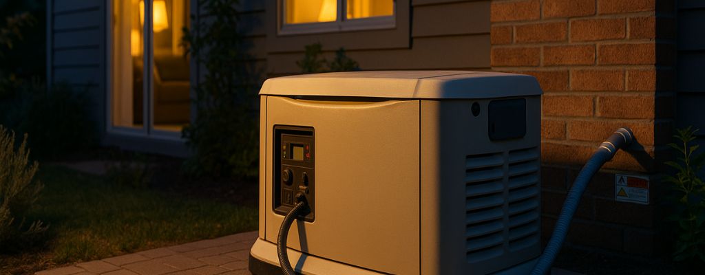 Natural gas standby generator connected outside a suburban home at twilight