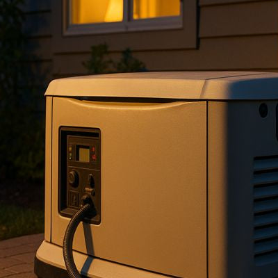 Natural gas standby generator connected outside a suburban home at twilight