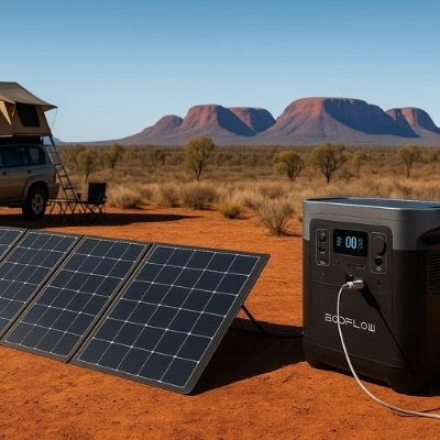 Off-grid solar camping setup with portable power station Red Centre
