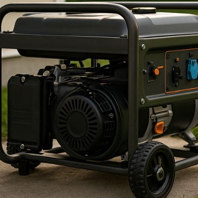 Portable generator positioned safely outside on a concrete pad near a house with green lawn and trees in the background