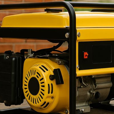 Outdoor generator placed safely on concrete near a brick house with proper clearance