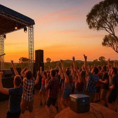 Outdoor music festival in Australian bush with power station