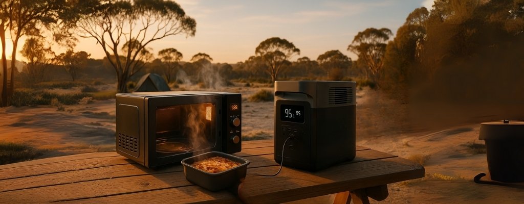 Outdoor portable power station microwave camping meal setup